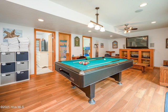 rec room with recessed lighting, pool table, ceiling fan, and light wood-style flooring