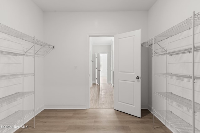 walk in closet with light wood finished floors