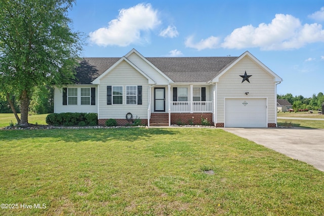 101 Whitetail Ct, South Mills, NC 27976 - ranch-style home with covered porch, driveway, roof with shingles, a front yard, and a garage
