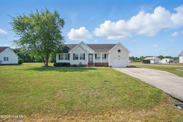 101 Whitetail Ct, South Mills, NC 27976 - ranch-style house with a garage, concrete driveway, a porch, and a front lawn