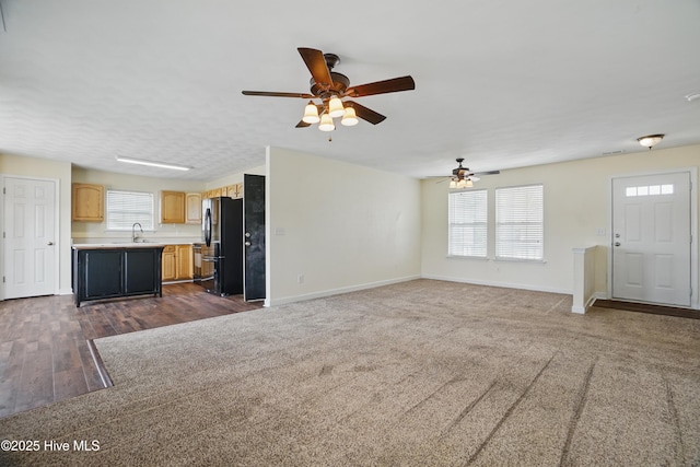101 Whitetail Ct, South Mills, NC 27976 - unfurnished living room with a sink, baseboards, a ceiling fan, and dark wood-style flooring