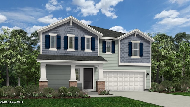 craftsman-style house with a garage, covered porch, a shingled roof, and concrete driveway