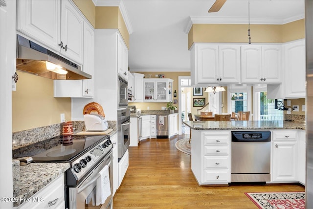 kitchen with appliances with stainless steel finishes, under cabinet range hood, light wood-type flooring, ornamental molding, and light stone counters