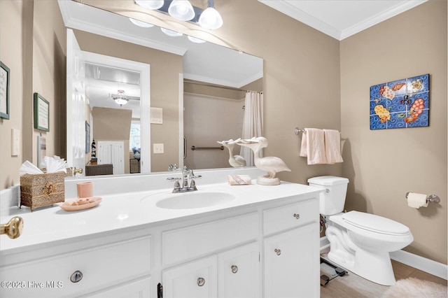 full bathroom with toilet, vanity, ornamental molding, baseboards, and a shower with shower curtain