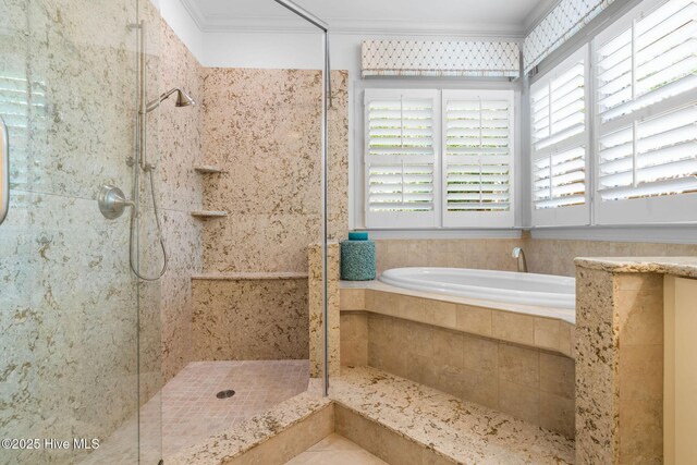 3504 Whimsy Way, Wilmington, NC 28411 - bathroom featuring crown molding, a stall shower, and a bath