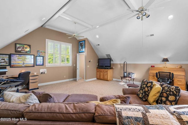 3504 Whimsy Way, Wilmington, NC 28411 - living area featuring ceiling fan, lofted ceiling with beams, light carpet, baseboards, and visible vents