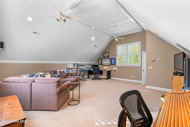 interior space with visible vents, light carpet, baseboards, vaulted ceiling with beams, and a ceiling fan