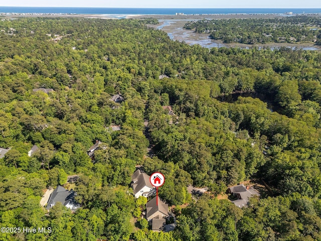 drone / aerial view with a view of trees and a water view