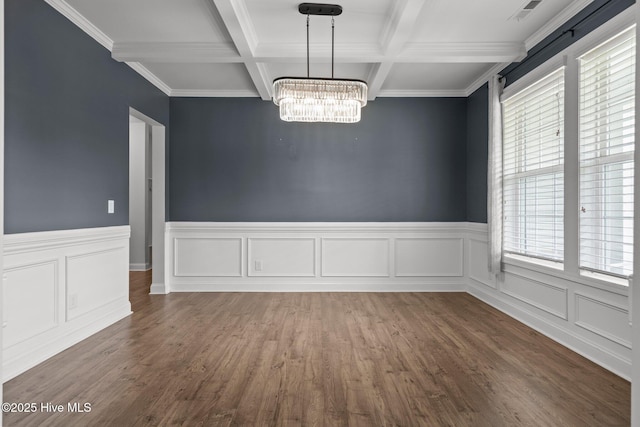 224 Pristine Ct, West End, NC 27376 - empty room featuring coffered ceiling, beamed ceiling, a chandelier, a wainscoted wall, and wood finished floors
