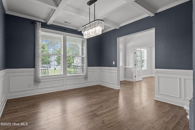 224 Pristine Ct, West End, NC 27376 - unfurnished dining area with coffered ceiling, wainscoting, beamed ceiling, a chandelier, and dark wood-style floors