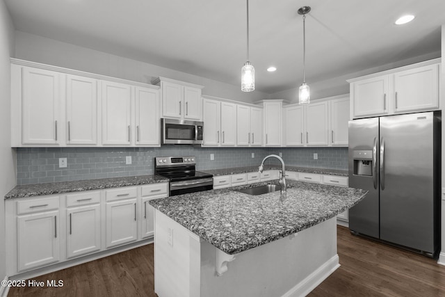 224 Pristine Ct, West End, NC 27376 - kitchen featuring appliances with stainless steel finishes, a sink, dark wood-style flooring, white cabinets, and recessed lighting