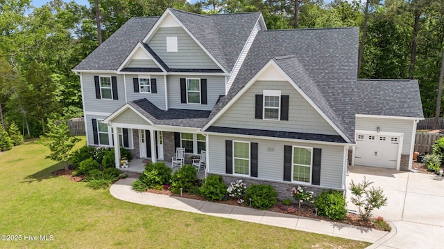 224 Pristine Ct, West End, NC 27376 - craftsman-style home with concrete driveway, a porch, a shingled roof, stone siding, and a garage