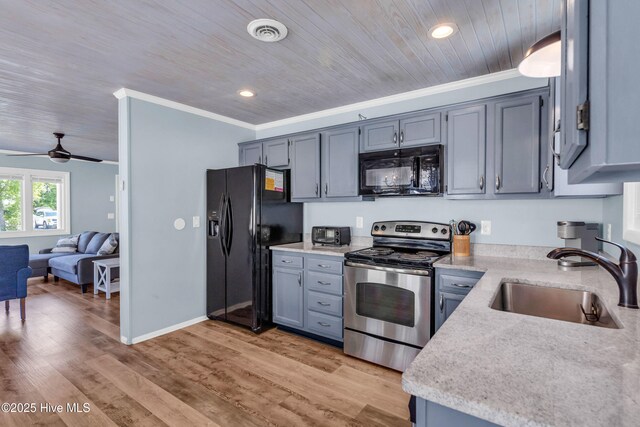 2005 E Oak Island Dr, Oak Island, NC 28465 - kitchen featuring a sink, wood ceiling, crown molding, and black appliances