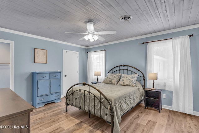 2005 E Oak Island Dr, Oak Island, NC 28465 - bedroom with visible vents, light wood-style floors, crown molding, and wooden ceiling