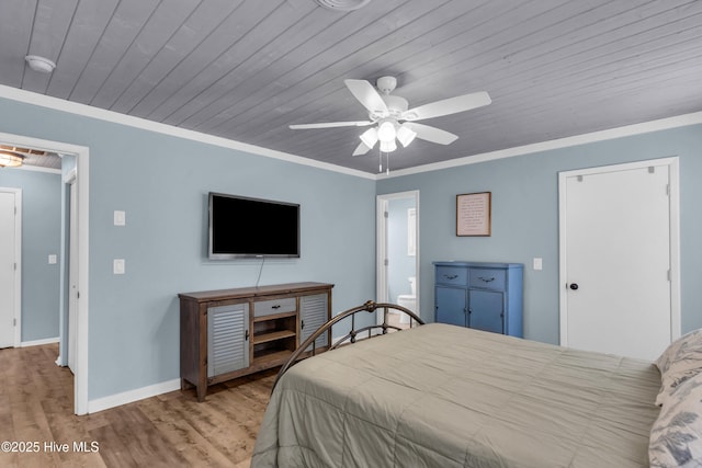 2005 E Oak Island Dr, Oak Island, NC 28465 - bedroom with crown molding, wood finished floors, baseboards, wooden ceiling, and a ceiling fan