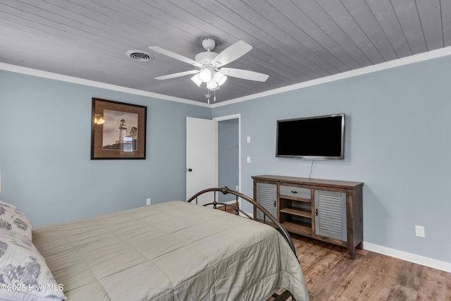 2005 E Oak Island Dr, Oak Island, NC 28465 - bedroom with visible vents, ornamental molding, wood finished floors, ceiling fan, and wood ceiling