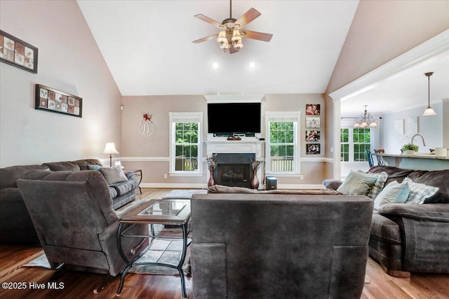 1171 Airport Rd, Pikeville, NC 27863 - living area with high vaulted ceiling, wood finished floors, ceiling fan with notable chandelier, and a fireplace