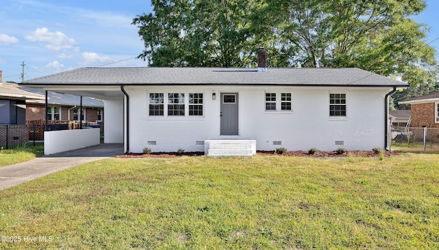 single story home featuring crawl space, fence, driveway, and a front yard