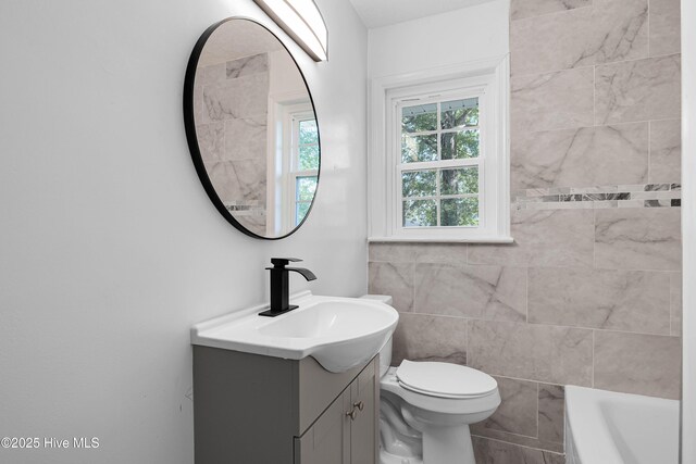 bathroom with vanity, toilet, and a bathtub