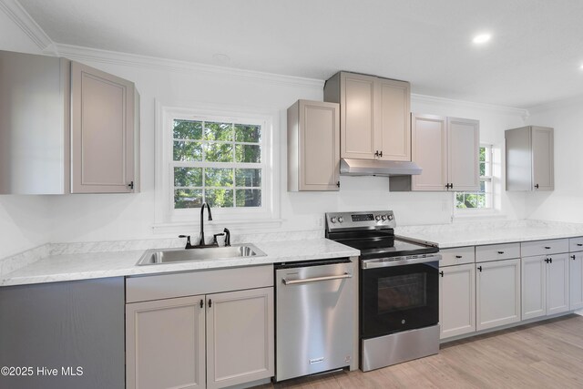 kitchen with a sink, appliances with stainless steel finishes, under cabinet range hood, and a wealth of natural light