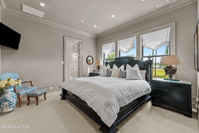 628 E Harborside Rd, Oriental, NC 28571 - carpeted bedroom featuring crown molding, visible vents, and multiple windows