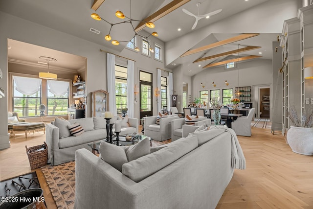 628 E Harborside Rd, Oriental, NC 28571 - living area featuring recessed lighting, visible vents, and high vaulted ceiling