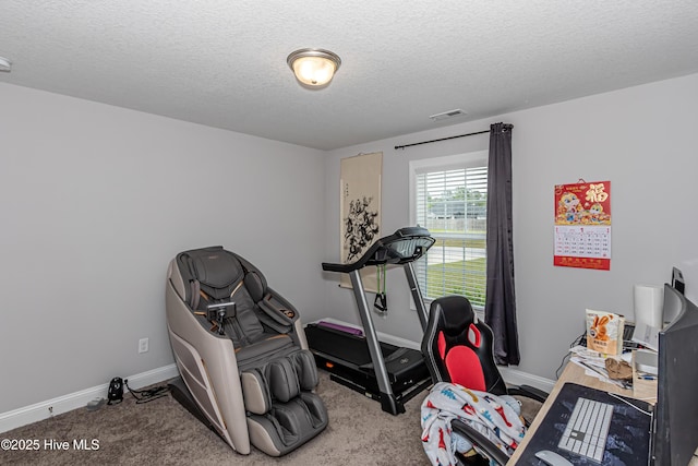 workout area with carpet flooring, a textured ceiling, visible vents, and baseboards