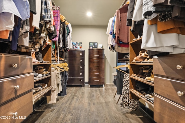 walk in closet with wood finished floors