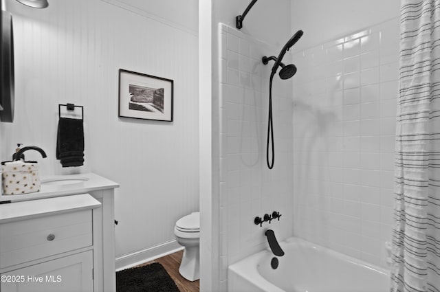 full bath featuring vanity, toilet, shower / bathtub combination with curtain, and wood finished floors