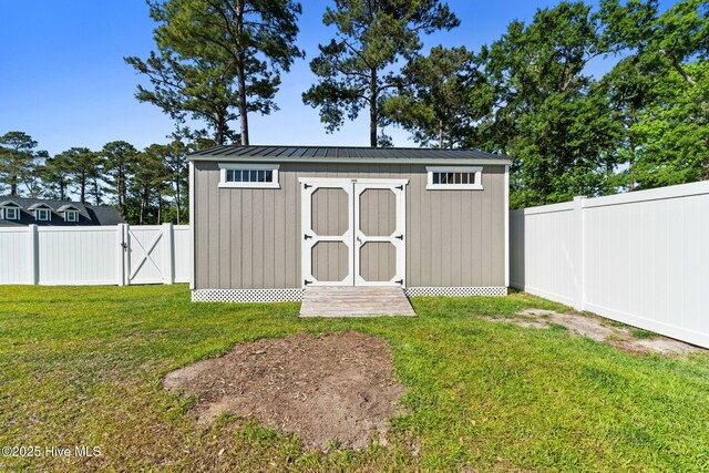 view of shed featuring a gate and a fenced backyard
