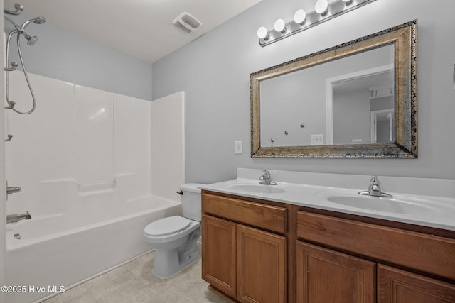 full bath featuring double vanity, toilet, visible vents, and a sink