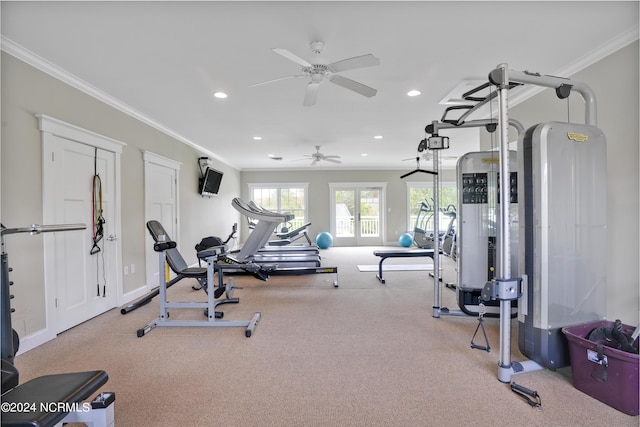 exercise room featuring ornamental molding, recessed lighting, and ceiling fan