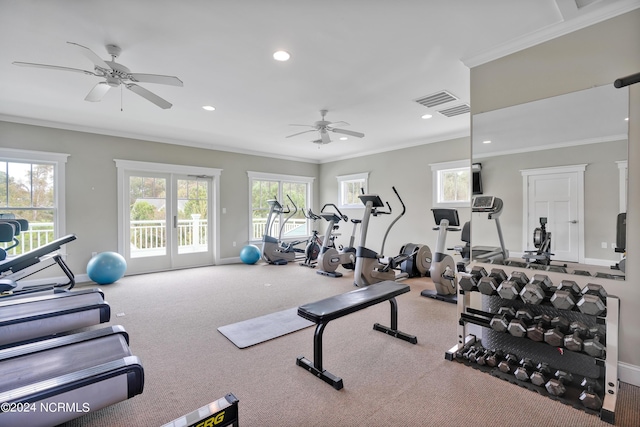 workout area featuring a ceiling fan, baseboards, ornamental molding, and plenty of natural light