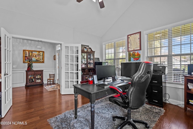 office area with a ceiling fan, french doors, wood finished floors, high vaulted ceiling, and a wainscoted wall