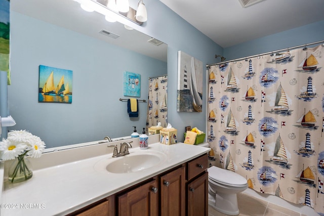 full bath with vanity, toilet, tile patterned floors, a shower with curtain, and visible vents