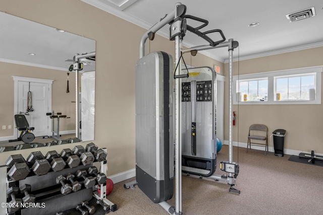 exercise room featuring baseboards, ornamental molding, recessed lighting, and visible vents