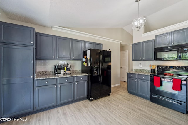 2686 Idlebrook Cir, Midway Park, NC 28544 - kitchen with black appliances, backsplash, light wood-style flooring, light stone countertops, and lofted ceiling