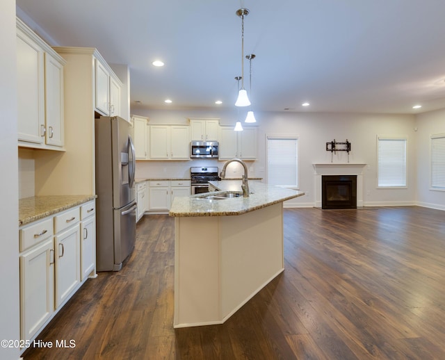5225 National Garden Trl, Winnabow, NC 28479 - kitchen with dark wood-style flooring, appliances with stainless steel finishes, a sink, white cabinets, and open floor plan