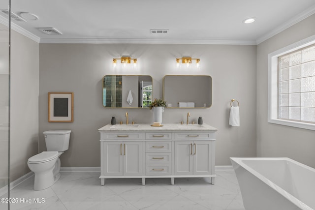 bathroom with baseboards, visible vents, a sink, and marble finish floor