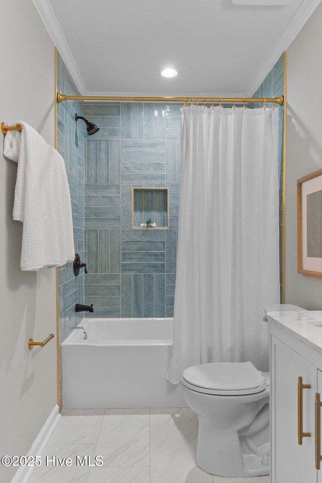 full bathroom featuring shower / bath combination with curtain, crown molding, baseboards, vanity, and toilet