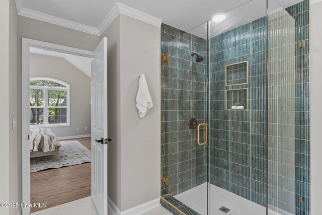 113 Rockledge Rd, Wilmington, NC 28412 - bathroom with connected bathroom, baseboards, ornamental molding, and a stall shower