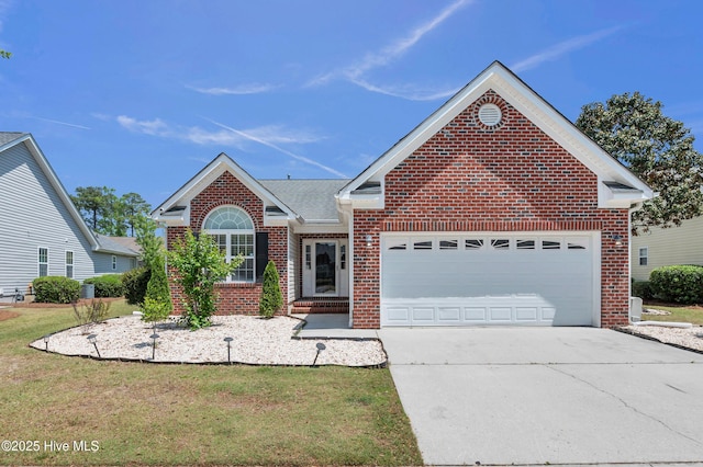 single story home featuring brick siding, driveway, a front yard, and a garage