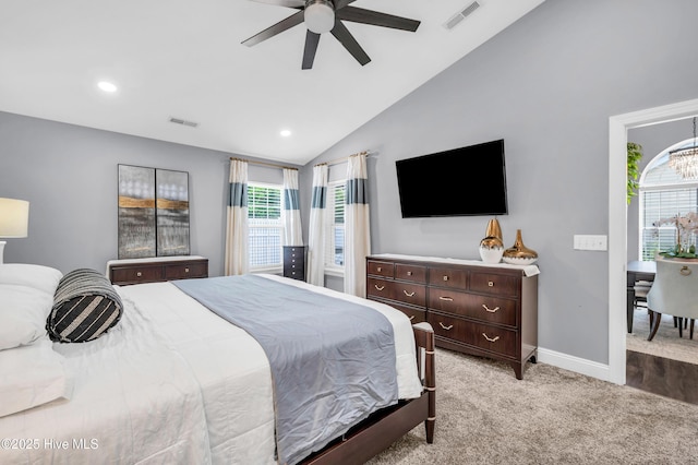 bedroom featuring visible vents, baseboards, recessed lighting, light colored carpet, and vaulted ceiling