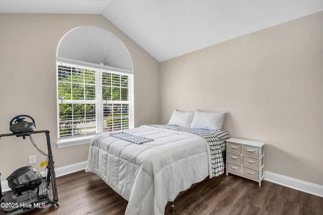 bedroom featuring baseboards, dark wood finished floors, and lofted ceiling