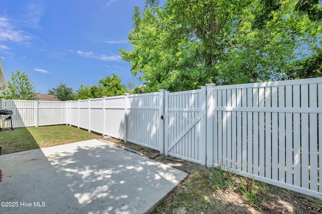 view of gate featuring a patio and a fenced backyard