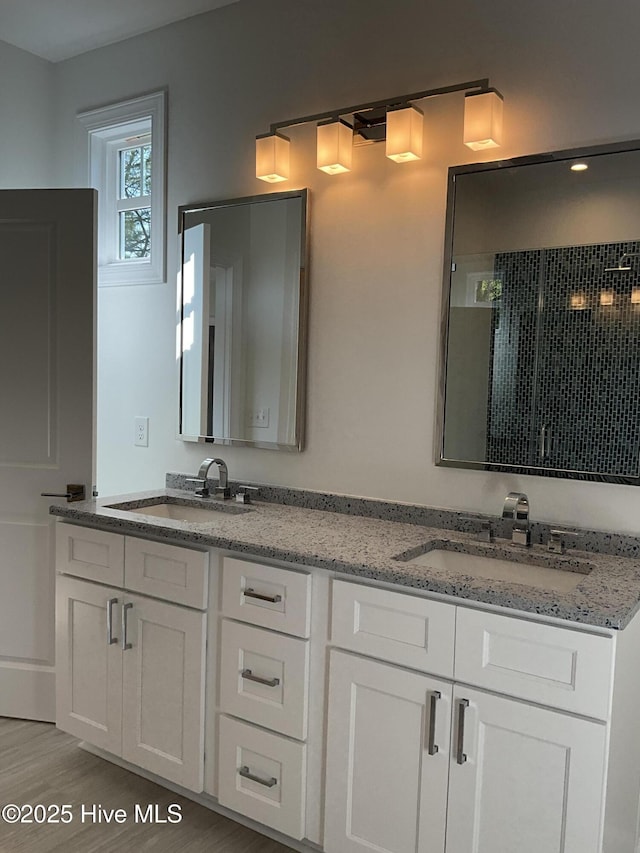 full bath featuring double vanity, a sink, and wood finished floors
