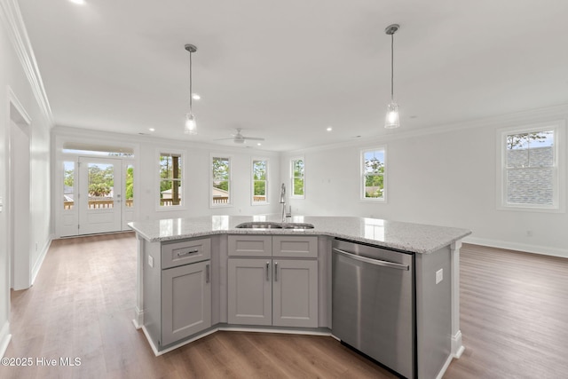 226 NE 64th St, Oak Island, NC 28465 - kitchen featuring dishwasher, a sink, ornamental molding, gray cabinetry, and light wood-style floors