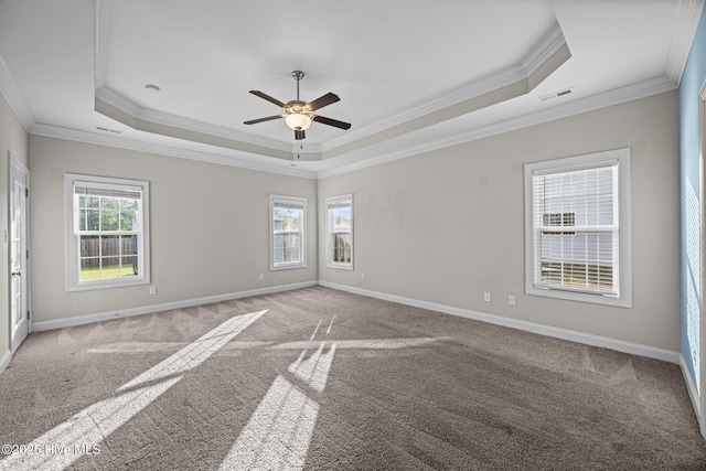 spare room featuring ornamental molding, a tray ceiling, and light colored carpet