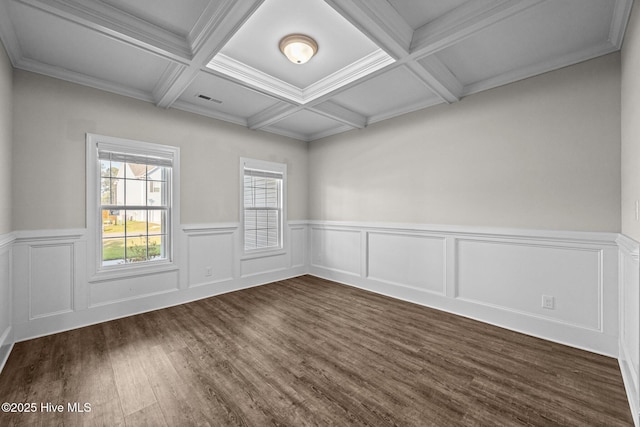 spare room with visible vents, wainscoting, beamed ceiling, dark wood-style floors, and coffered ceiling