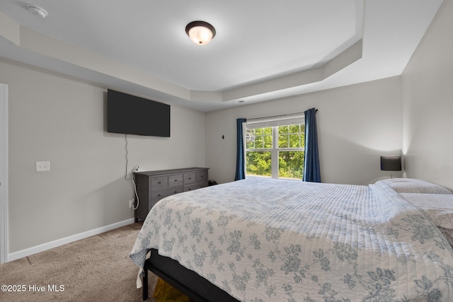 carpeted bedroom with baseboards and a raised ceiling